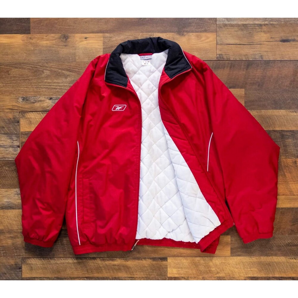 Vintage 90s Reebok Windbreaker Jacket Mens L Red Quilted Lined Track Y2K Retro